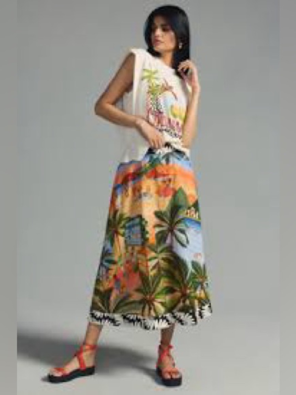 Farm Rio Carioca Midi Skirt Sz S Beach scene - Picture 5 of 8